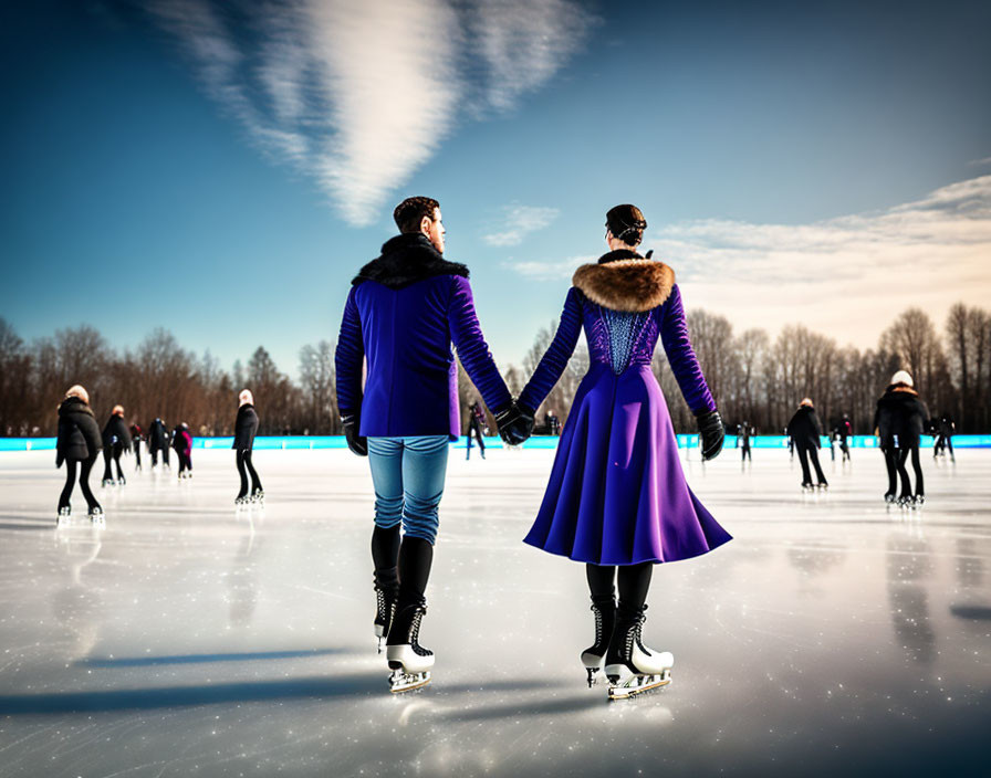 Couple ice skating in vibrant purple jackets on sunny day