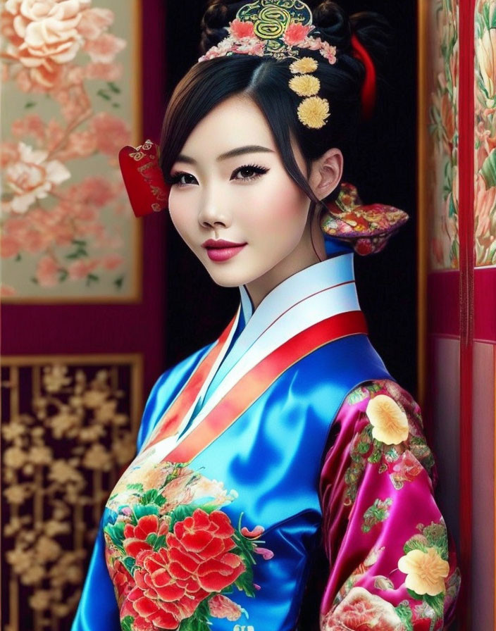 Traditional East Asian attire with vivid floral patterns and colorful accessories.