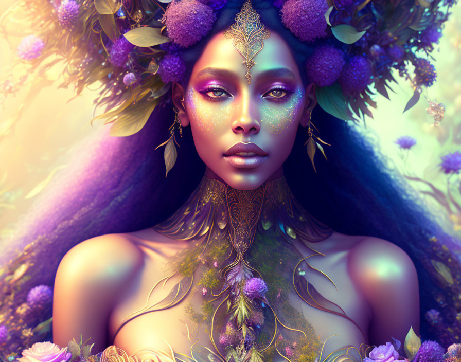 Digital artwork: Woman with purple flowers, gold jewelry, and body paint exuding mystical aura