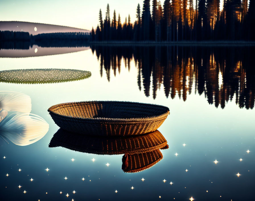 Tranquil lake scene at twilight with trees, woven basket, and stars