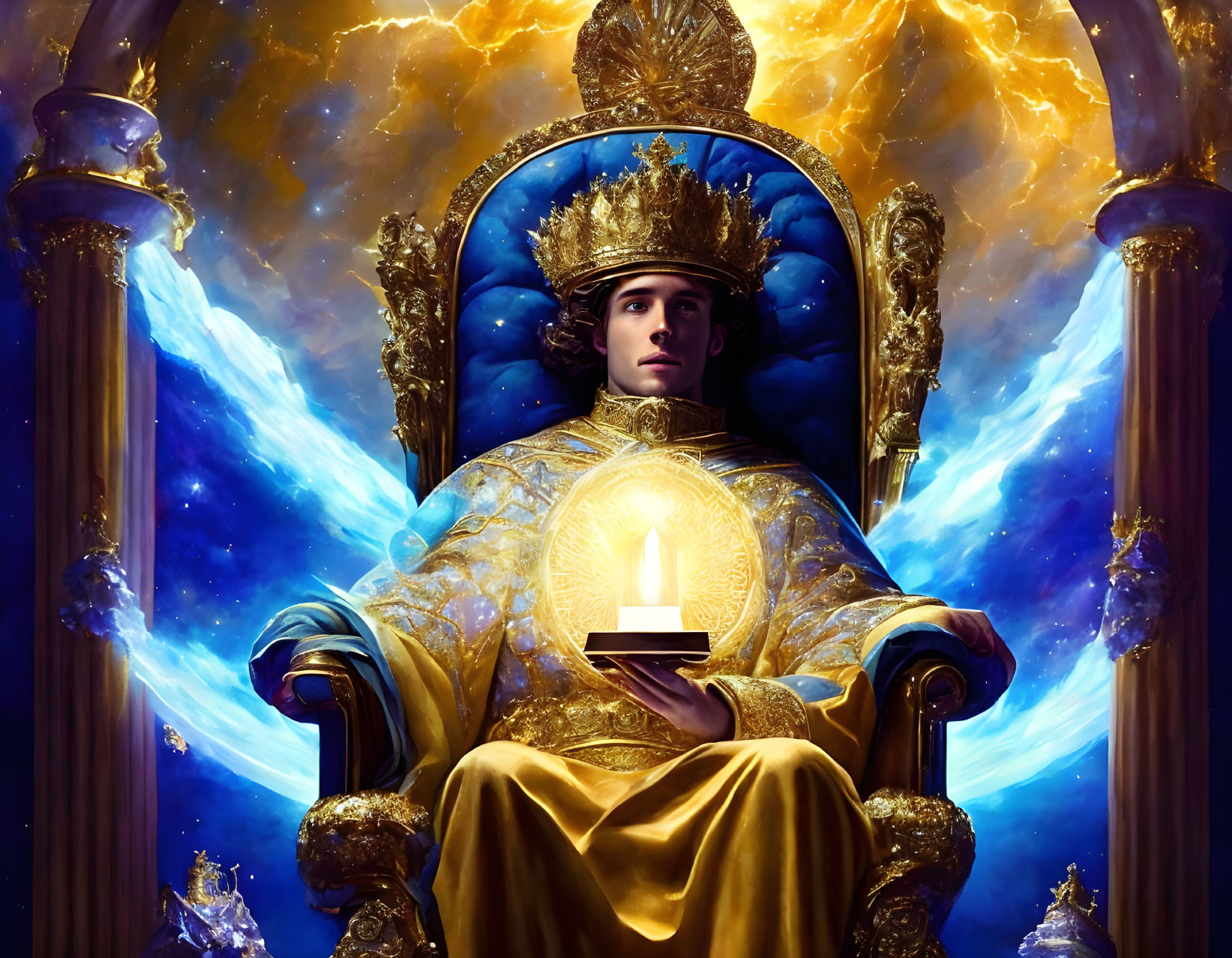 Royal Figure in Blue and Gold Robes on Throne with Candle, Pillars, Cosmic Background