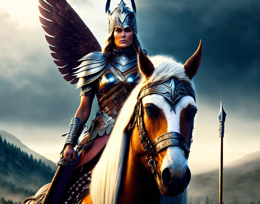 Warrior woman in elaborate armor on white horse against misty mountain backdrop