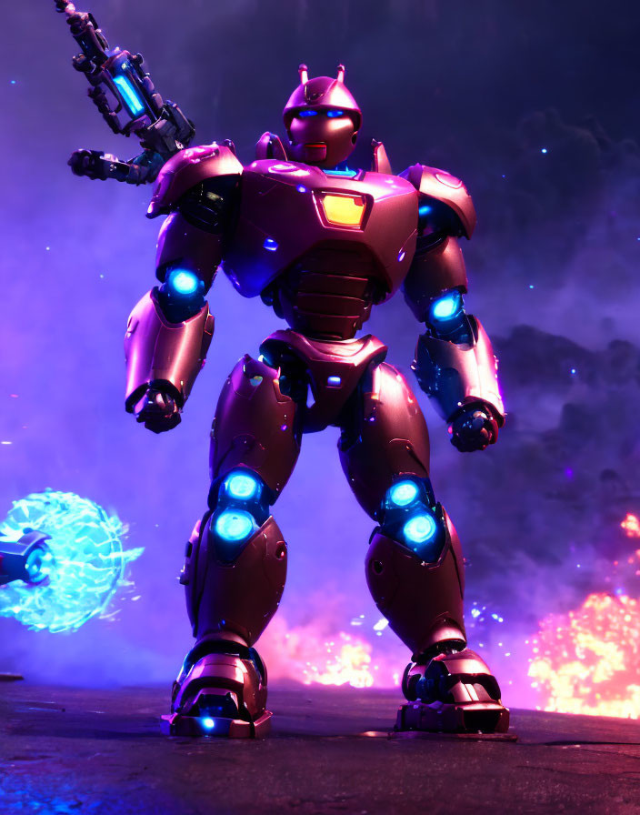 Futuristic robot in pink and purple armor amid vibrant explosions