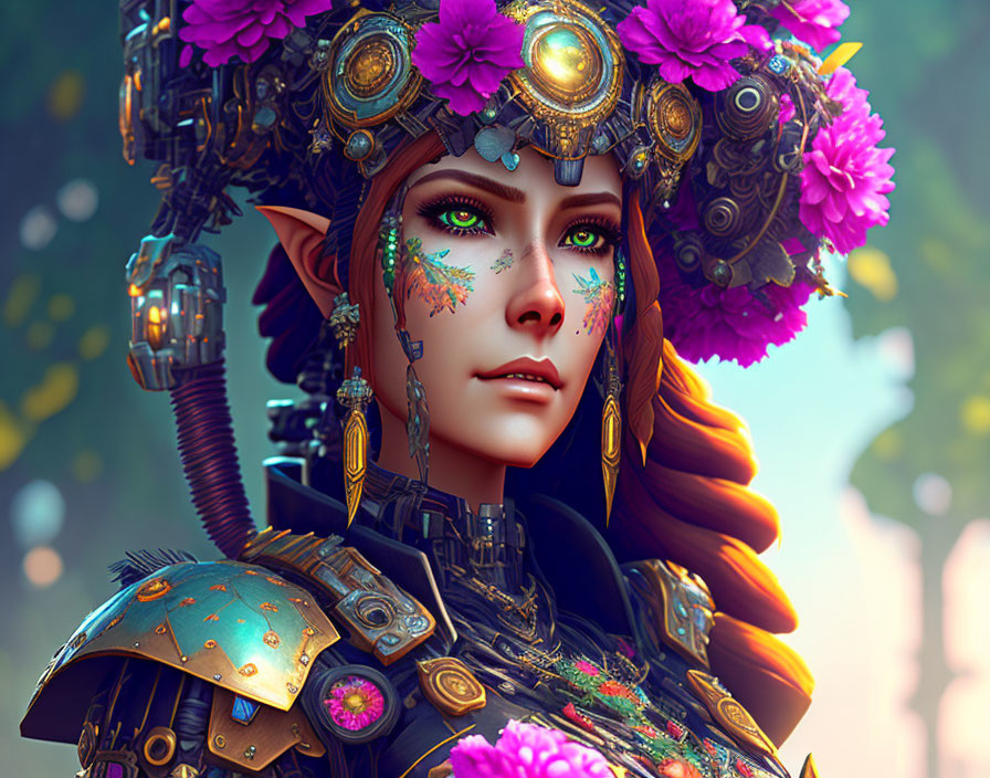 Elven female digital art: intricate floral armor & vibrant colors