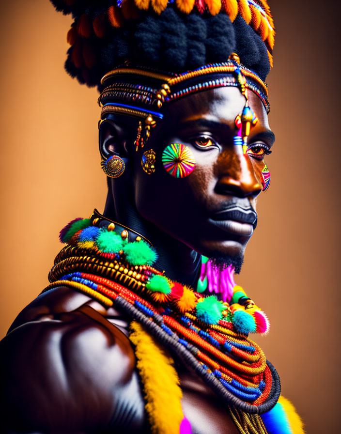 Portrait of a person with tribal makeup and traditional jewelry on amber background