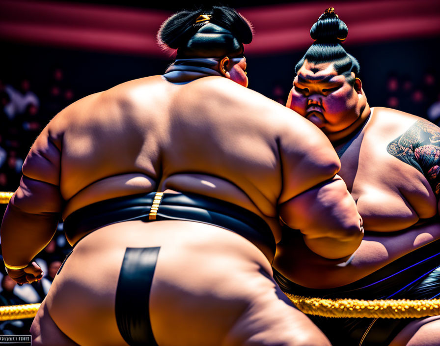 Sumo wrestlers in traditional attire face off in the ring