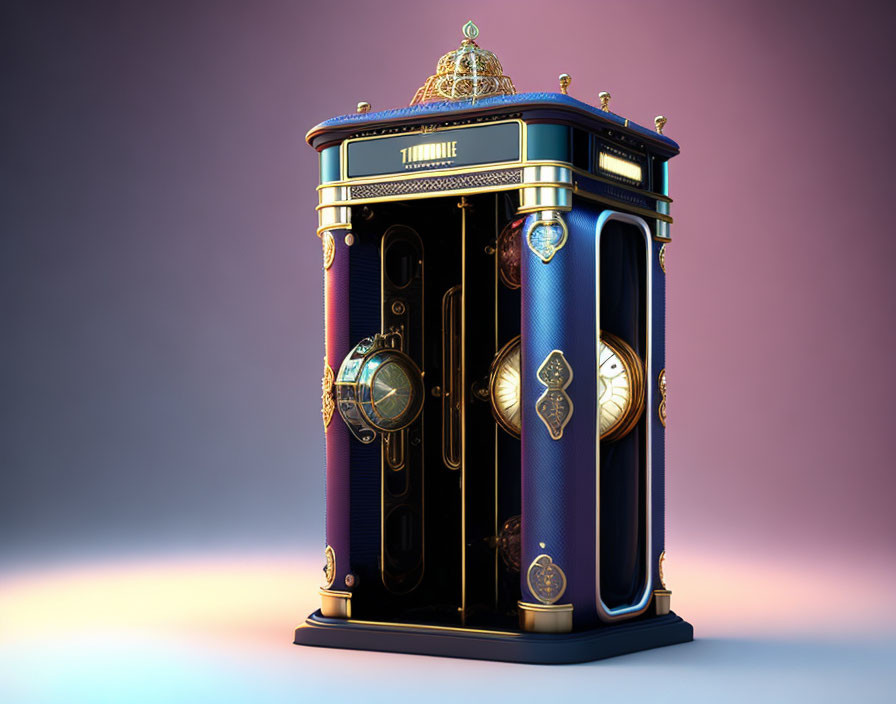 Vintage ornate jukebox with golden accents on Titanic-themed design, against soft purple gradient.