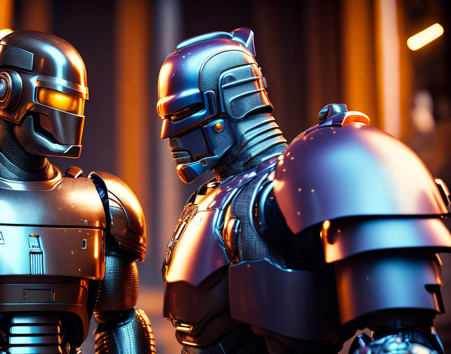 Three detailed futuristic robots with armor plating under warm ambient light