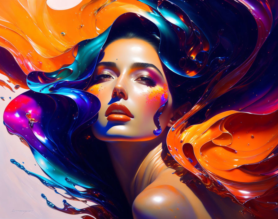 Colorful Abstract Art: Woman Surrounded by Swirling Shapes