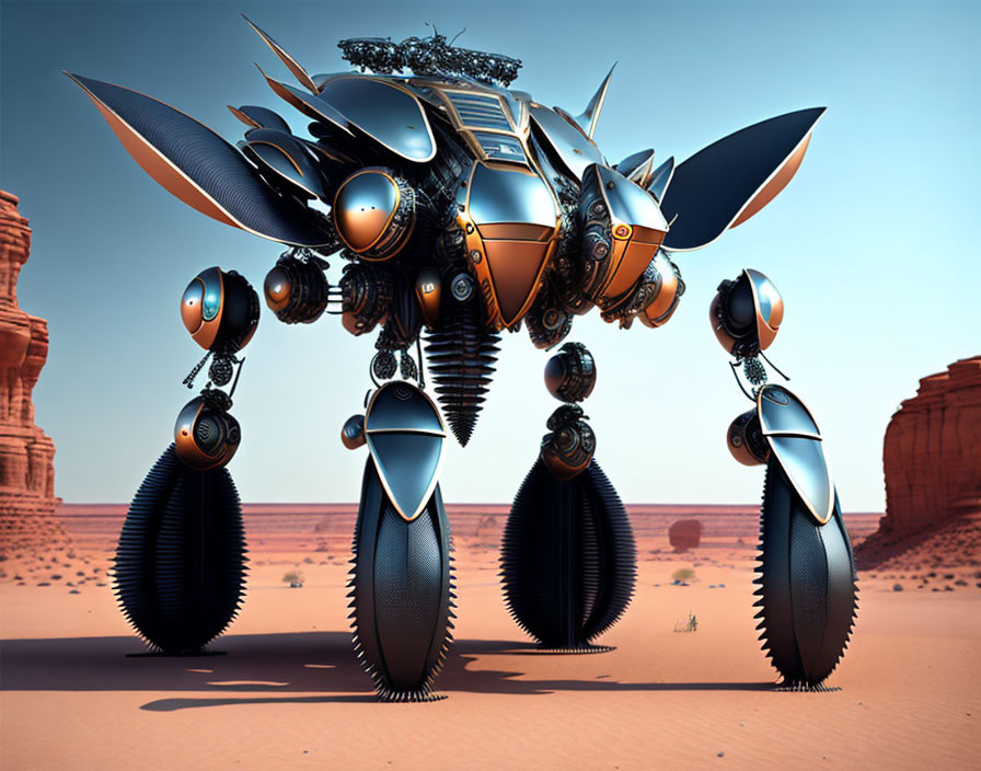 Metallic beetle-like robot in desert landscape with sharp limbs