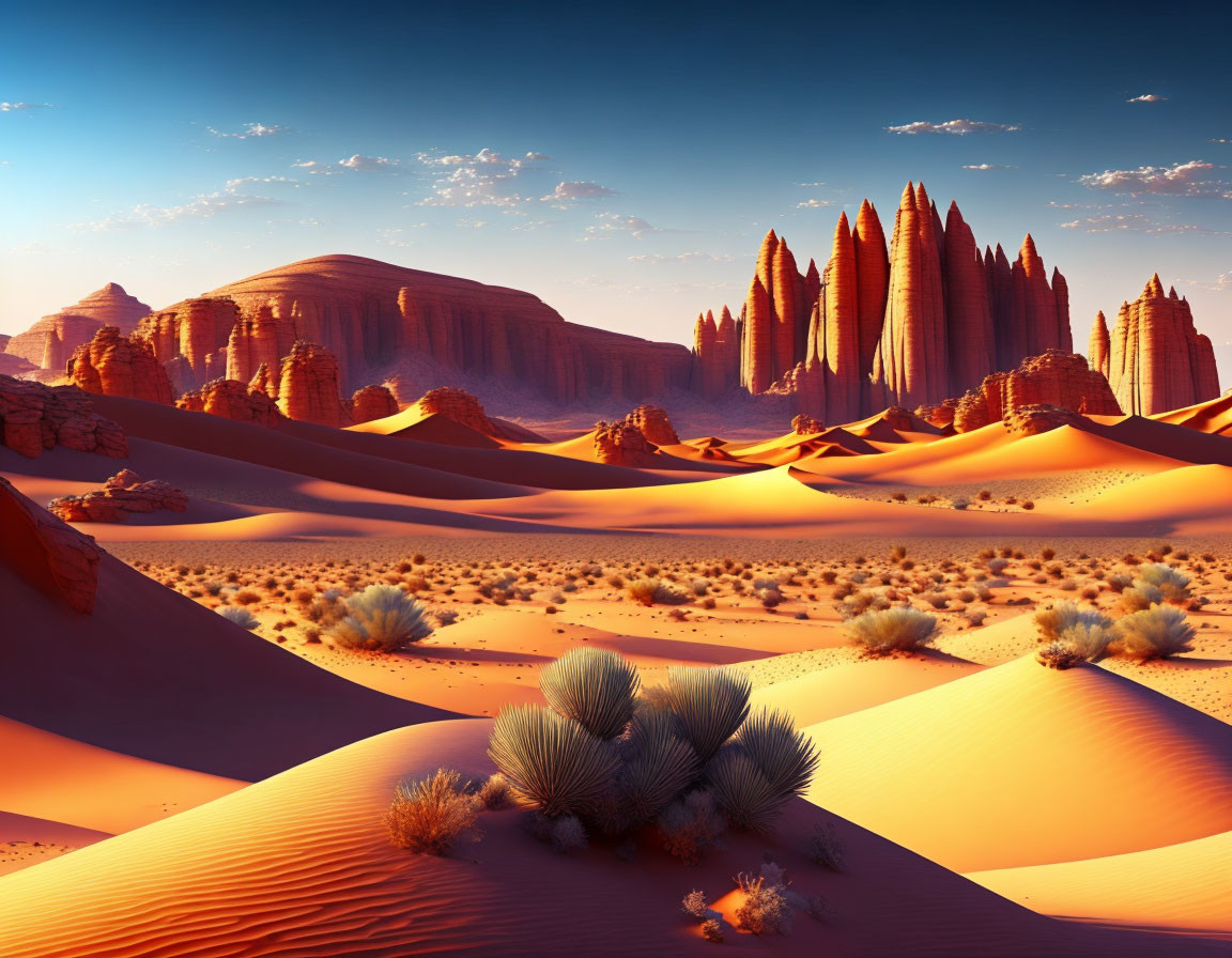 Vivid Sunset Desert Landscape with Red Sandstone Formations