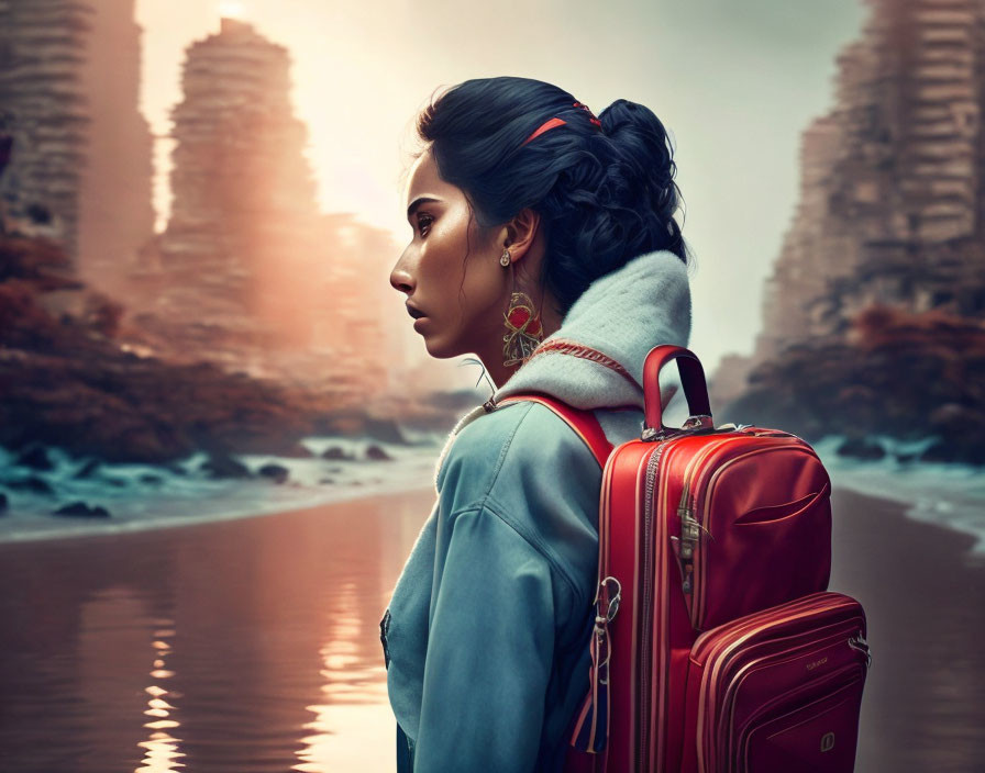 Contemplative woman with red backpack amid ruins and cloudy sky.