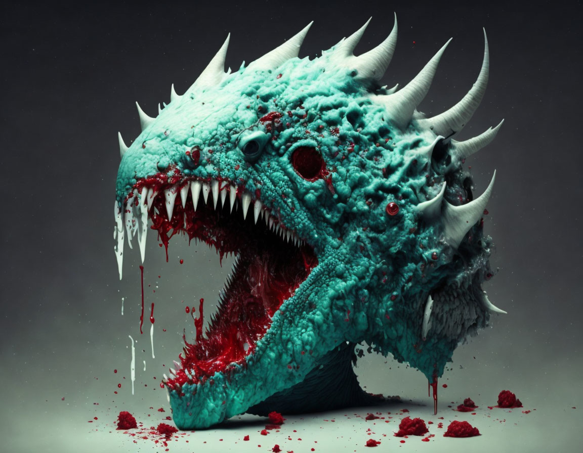 Turquoise Dragon Creature with White Horns and Red Splatters on Dark Background