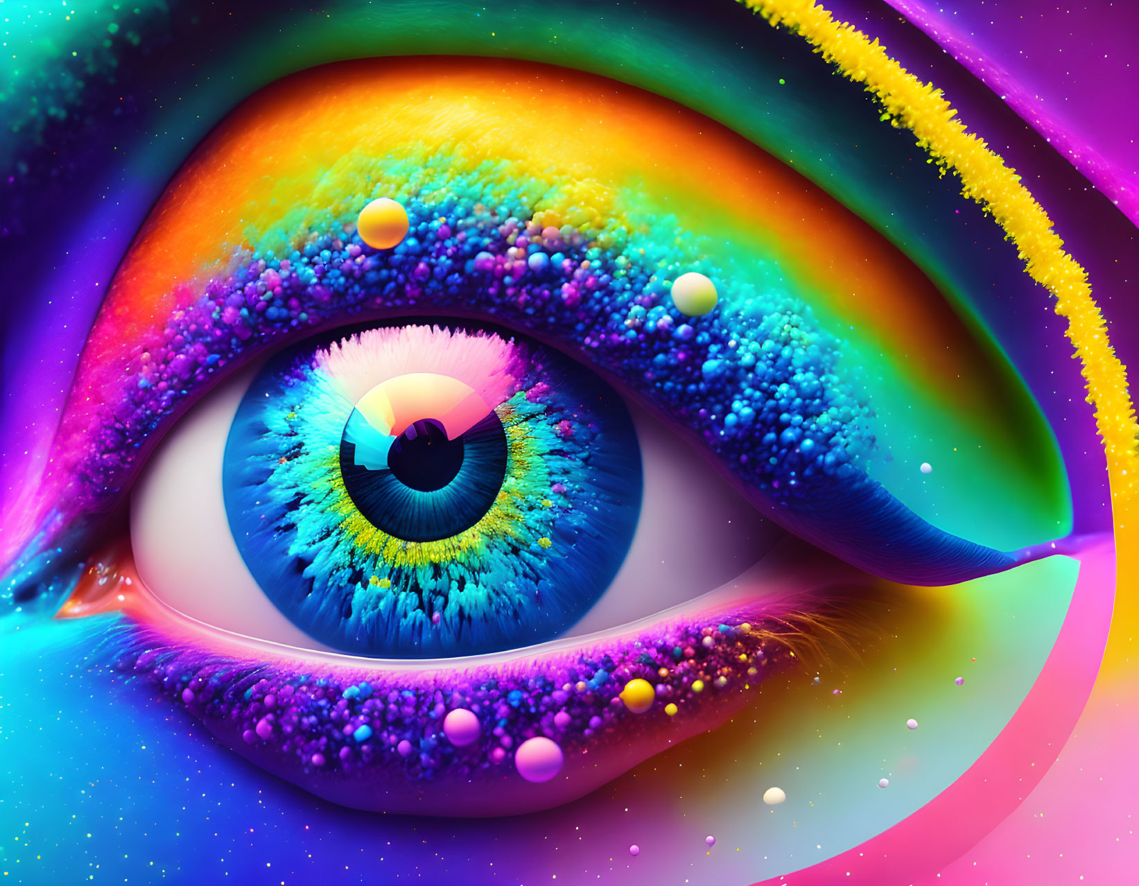 Colorful surreal eye with rainbow eyebrow and neon eyelashes.