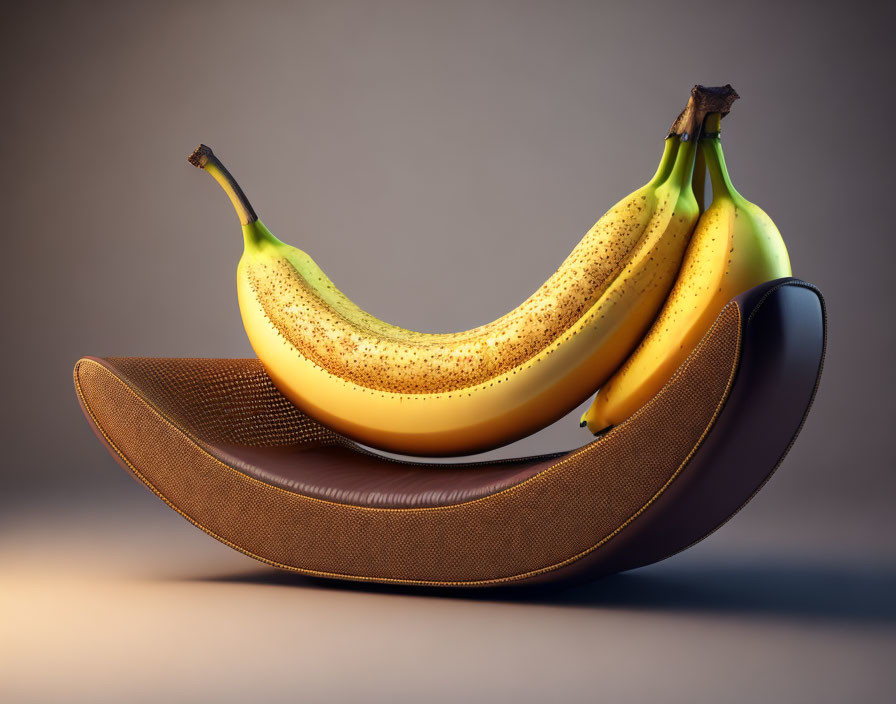 Ripe bananas on curved brown stand against gradient background