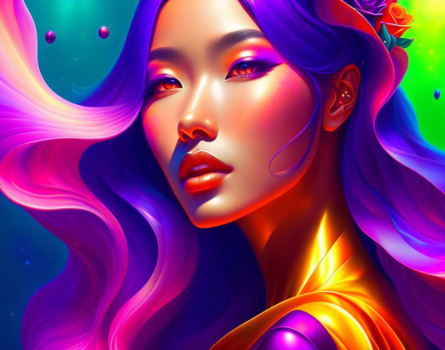 Vibrant digital portrait of a woman with flowing purple and pink hair