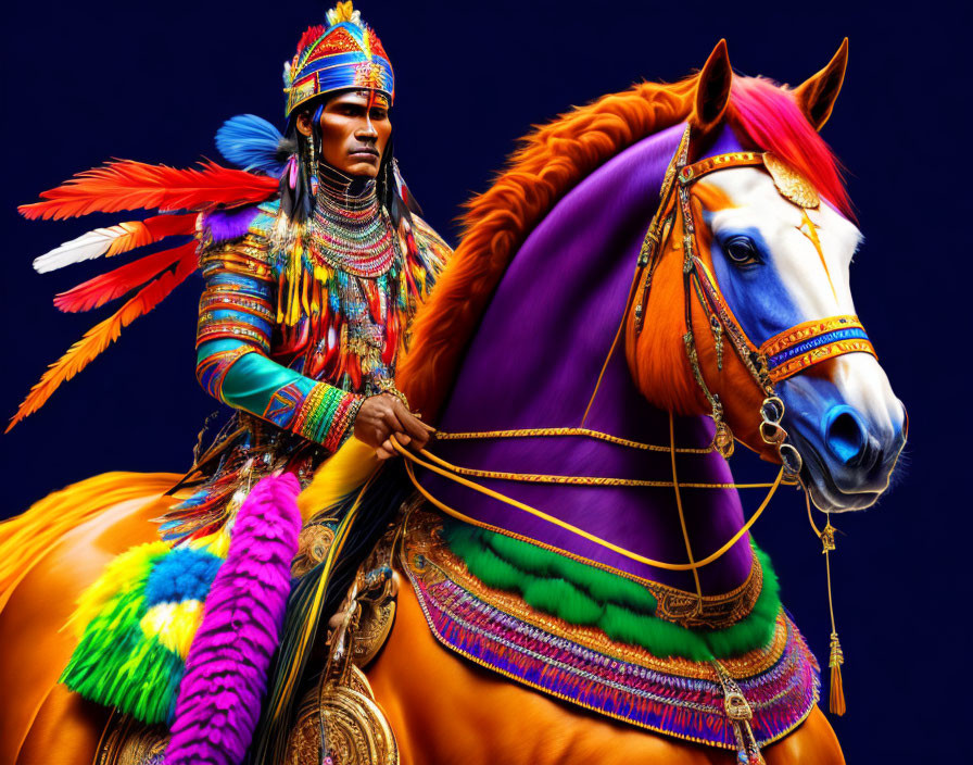 Native American in Colorful Regalia on Adorned Horse Against Blue Background