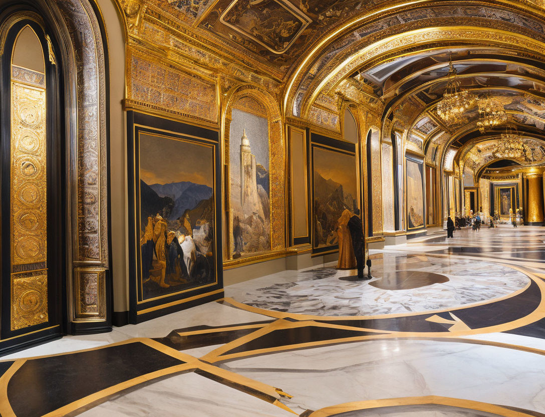 Luxurious Hallway with Gold Detailing, Marble Floors, and Classic Paintings