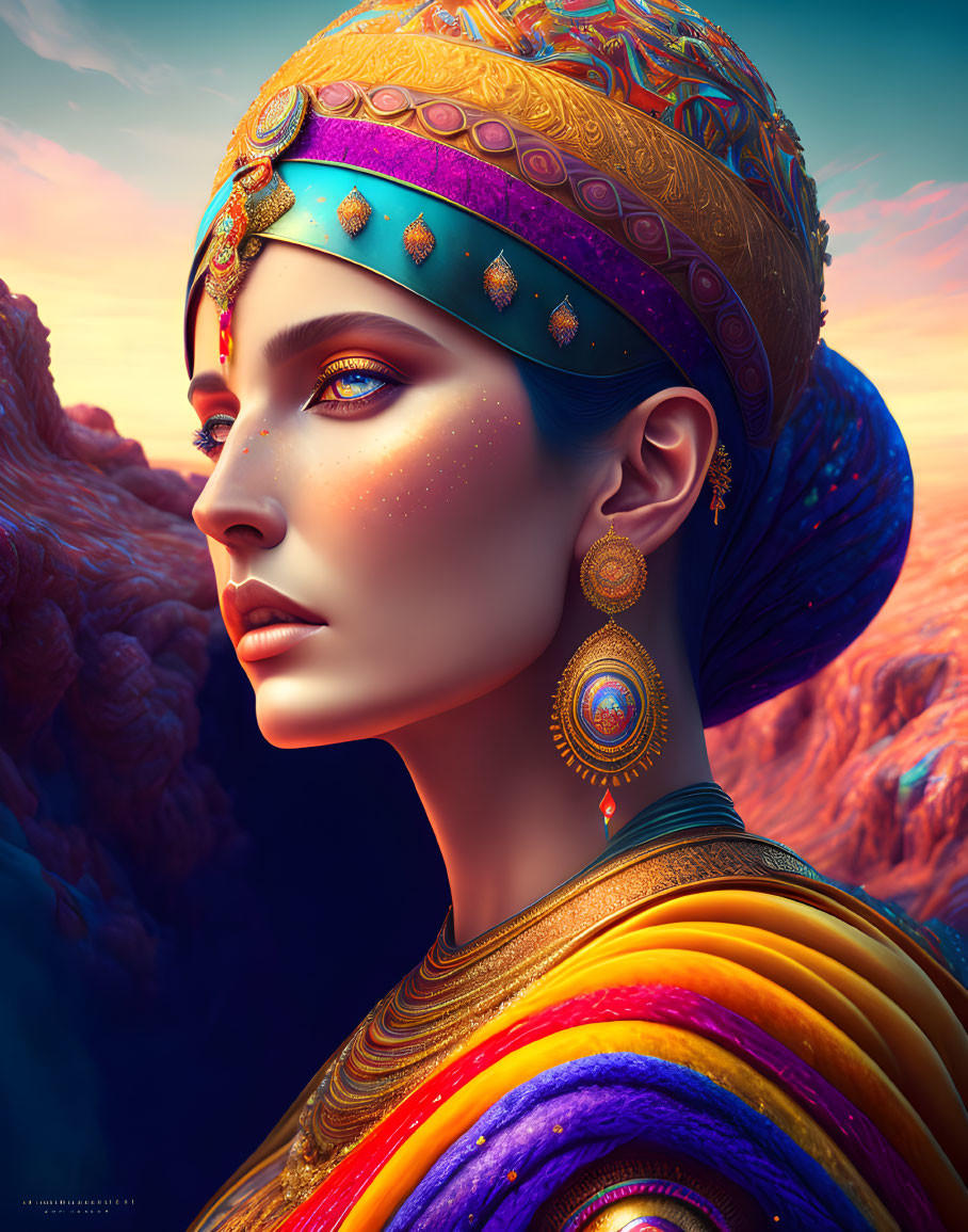 Vibrant portrait of a woman with striking features and colorful attire against a surreal sunset landscape