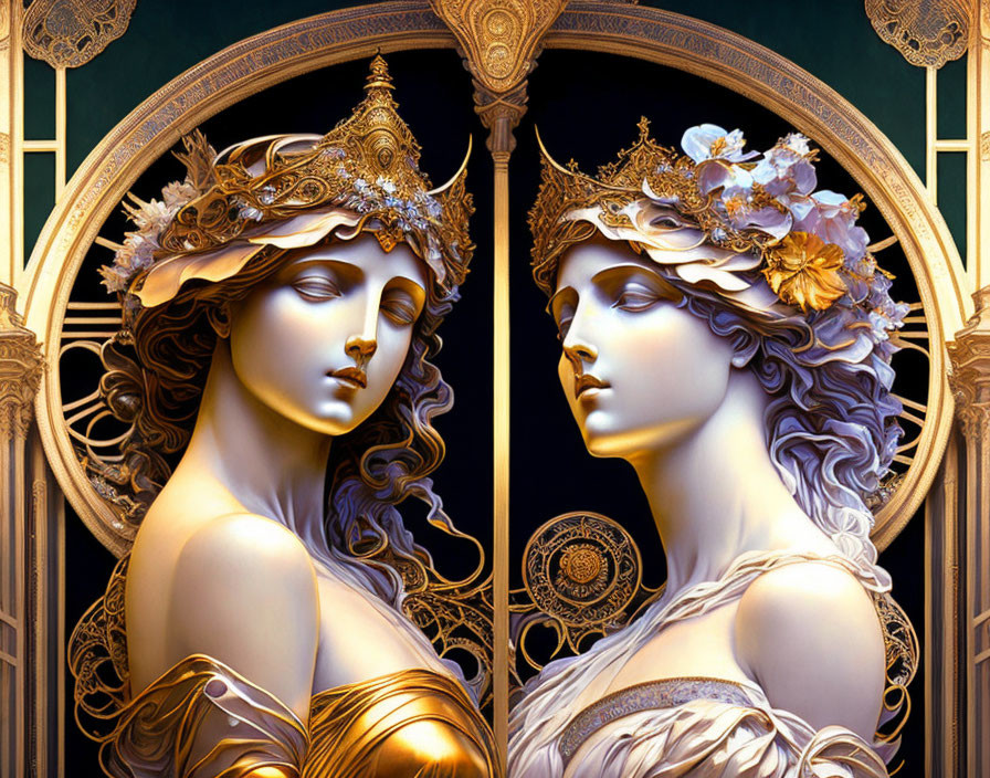 Stylized women with ornate headpieces in gold and silver against intricate arched design on dark