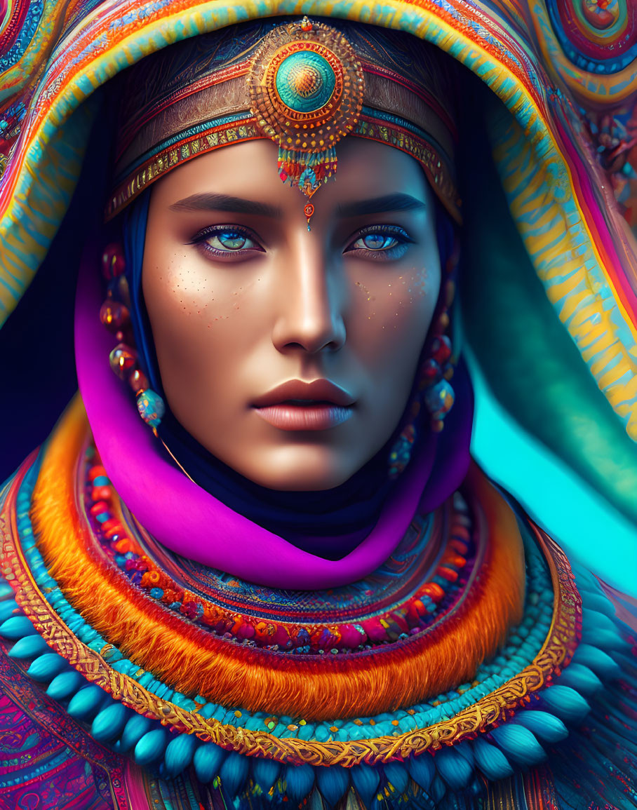 Colorful portrait of a woman in ethnic attire with intricate patterns and jewelry, featuring a captivating gaze.