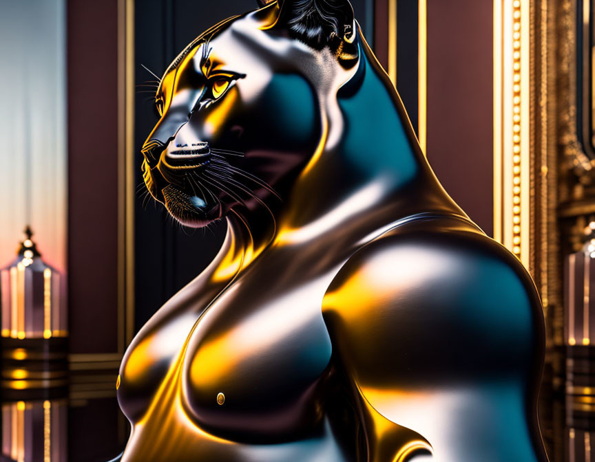 Luxurious Metallic-Black Panther Sculpture with Golden Highlights