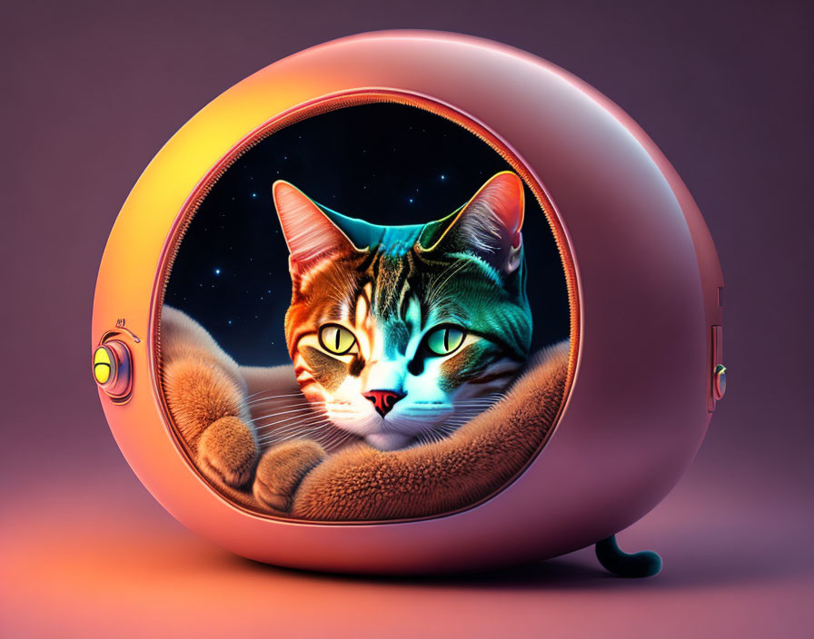 Whimsical 3D illustration of cat in space helmet on purple background