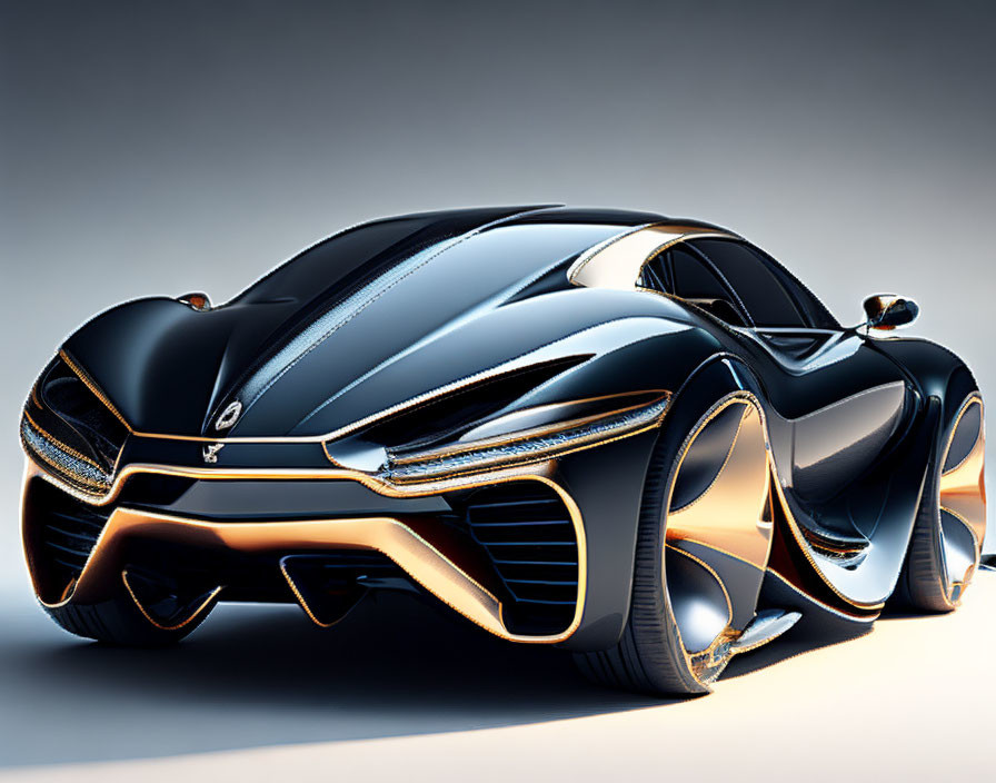 Sleek Black Futuristic Sports Car with Gold and Chrome Accents