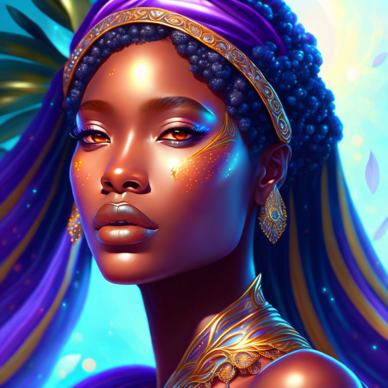 Woman with glowing golden freckles, blue headwrap, and intricate gold jewelry under blue light