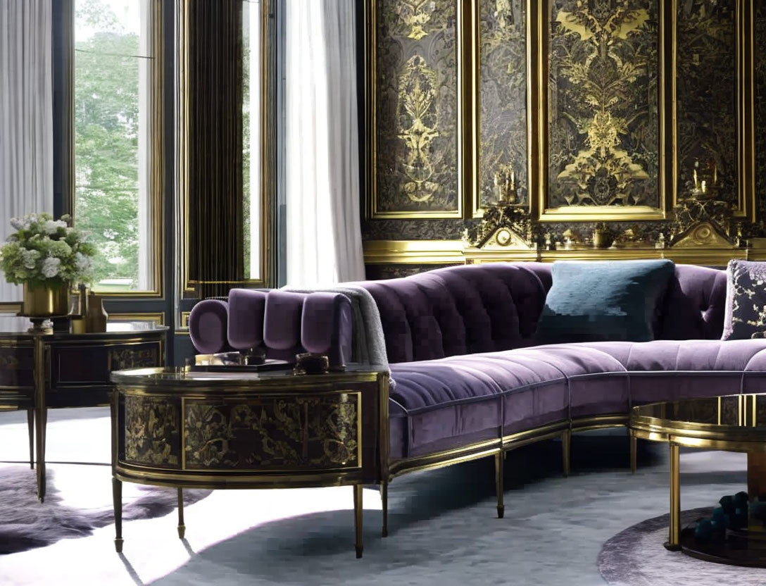 Luxurious Purple Sectional Sofa with Gold-Trimmed Tables in Elegant Room