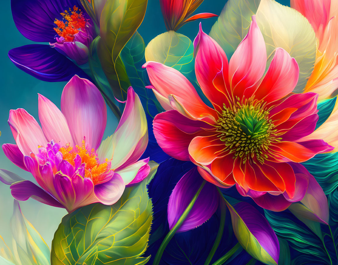 Colorful Flower Digital Painting with Red Bloom on Teal Background