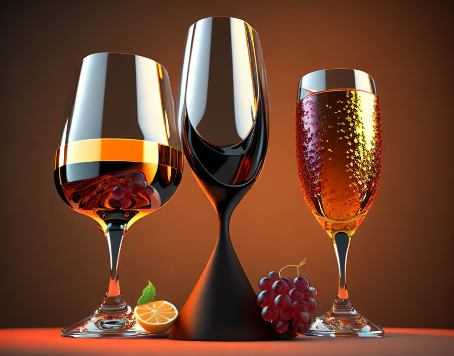 Assorted wine glasses with garnishes on amber background