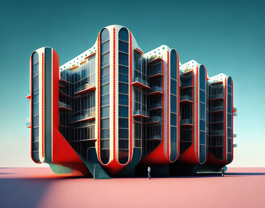 Modern building with curved red outlines and glass panels overlooking balcony gardens and sky gradient.