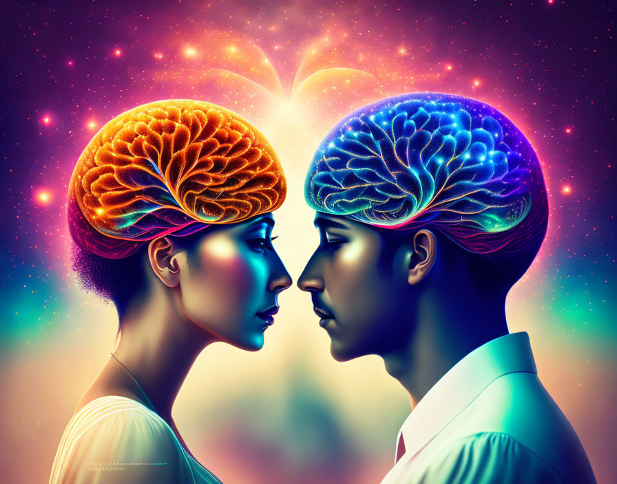 Colorful profile faces with glowing brains and heart-shaped light in cosmic backdrop