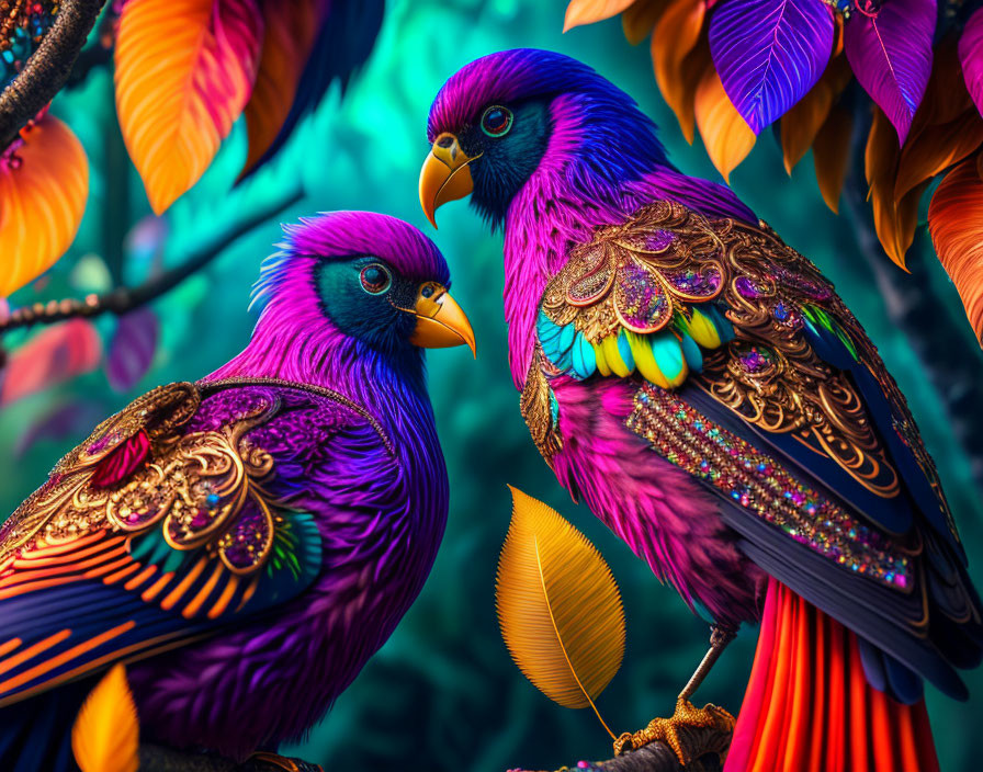 Colorful Stylized Birds Perched in Tropical Foliage