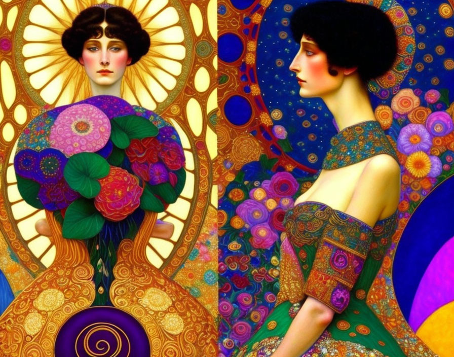 Stylized Art Nouveau-inspired artwork with two women, vivid colors, floral patterns, and celestial