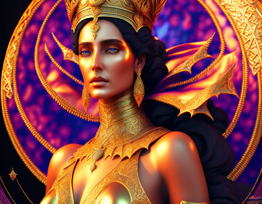 Ornate golden headdress woman with intense blue eyes on vivid backdrop