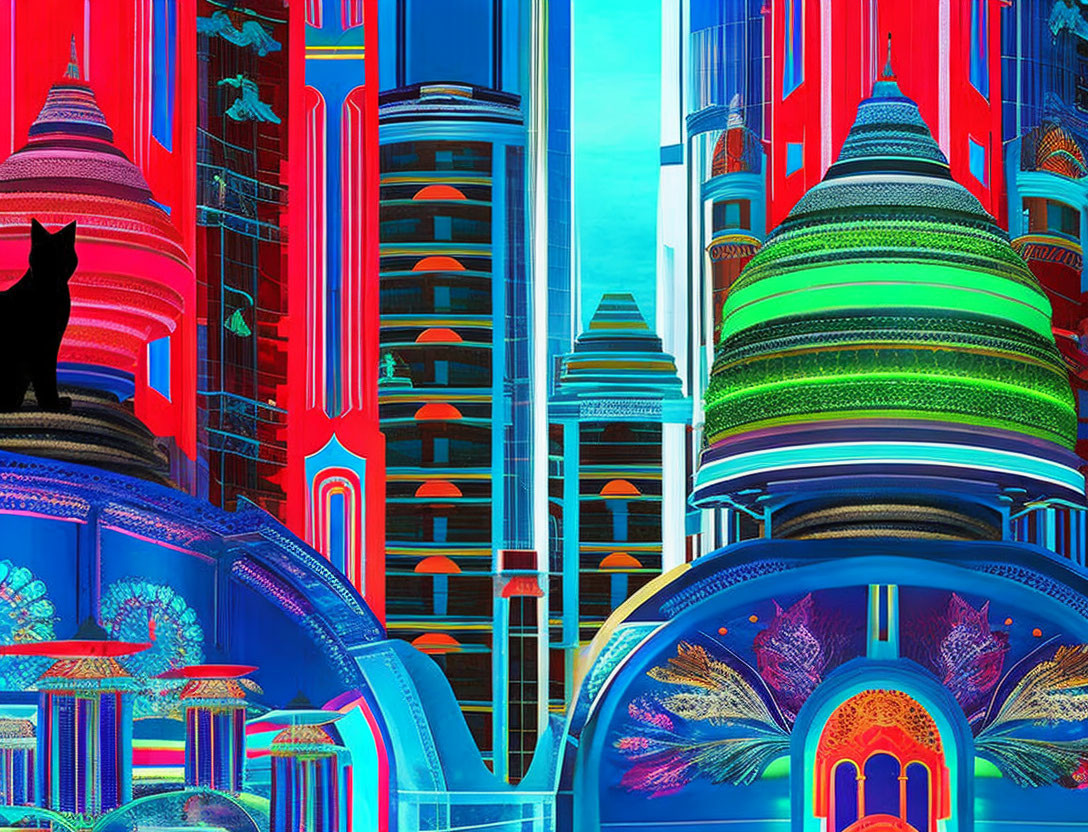 Colorful digital artwork: futuristic neon-lit buildings with intricate patterns and black cat.
