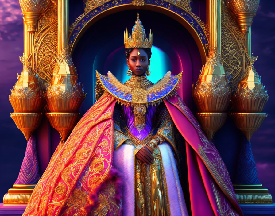 Regal Figure in Golden Crown on Throne Against Vibrant Blue and Purple Backdrop