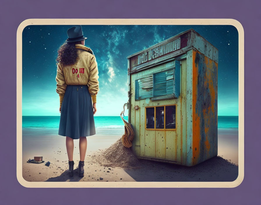 Woman in hat and jacket by old snack stand on deserted beach under surreal blue sky