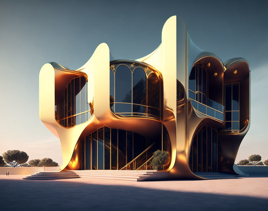 Abstract modern structure with fluid shapes and golden-brown facade under clear dusk sky