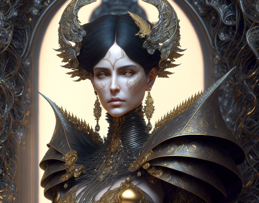 Regal woman in gold and black armor with intricate headdress