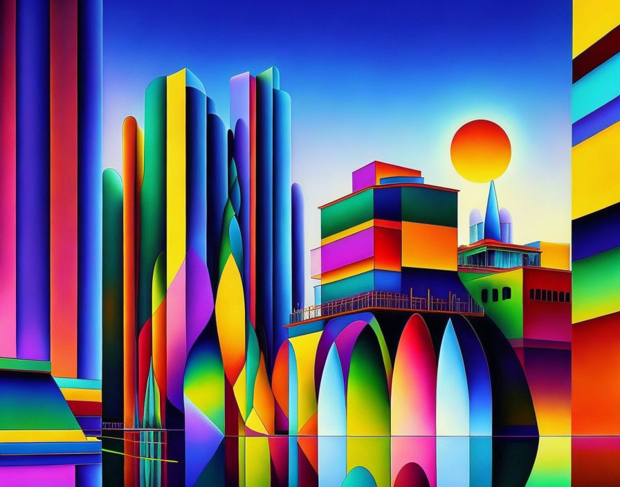Abstract colorful digital art with building-like shapes and sunset backdrop