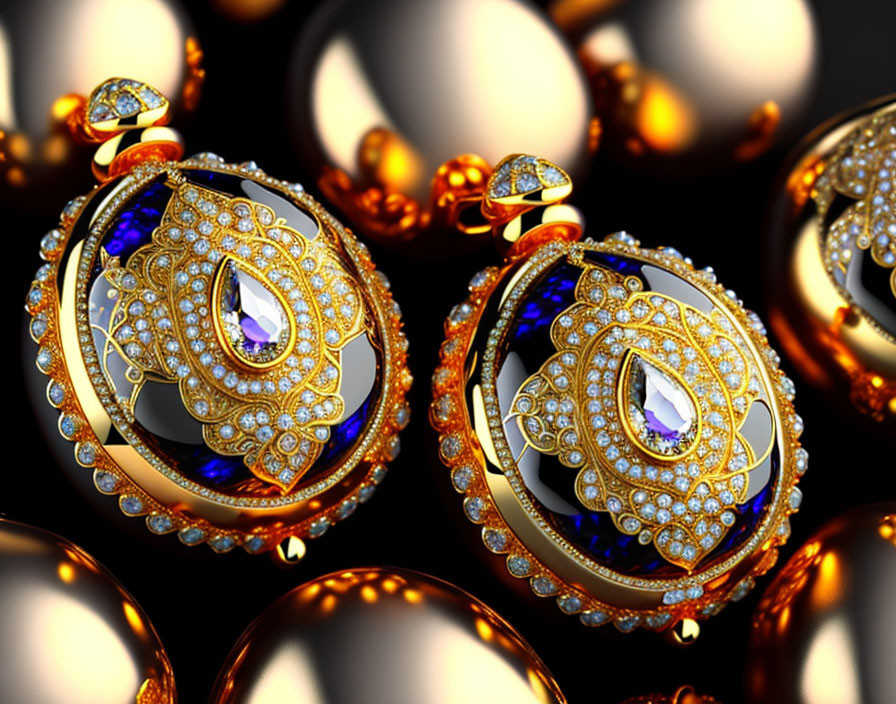 Golden diamond and sapphire pendants on dark reflective background