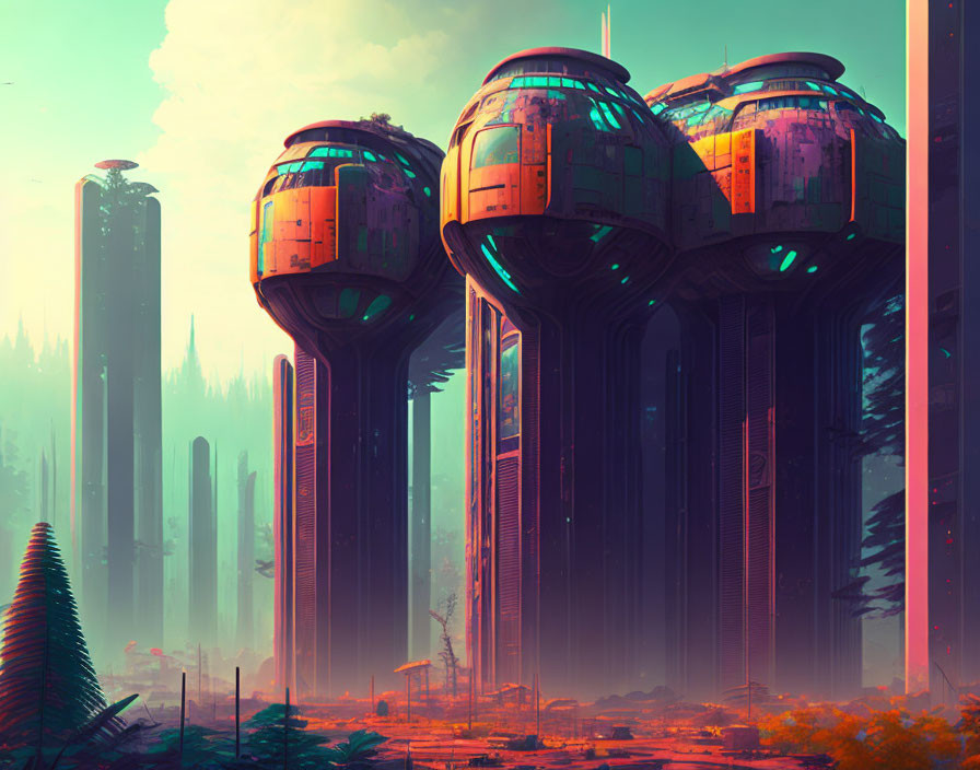Futuristic towers in neon-infused landscape.