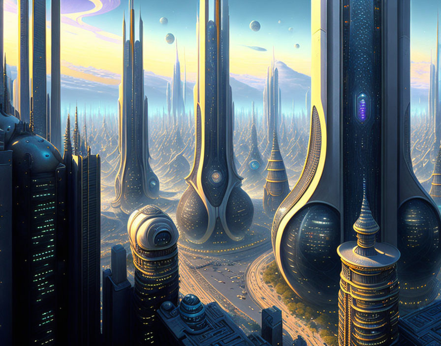 Futuristic cityscape with towering spires and floating orbs