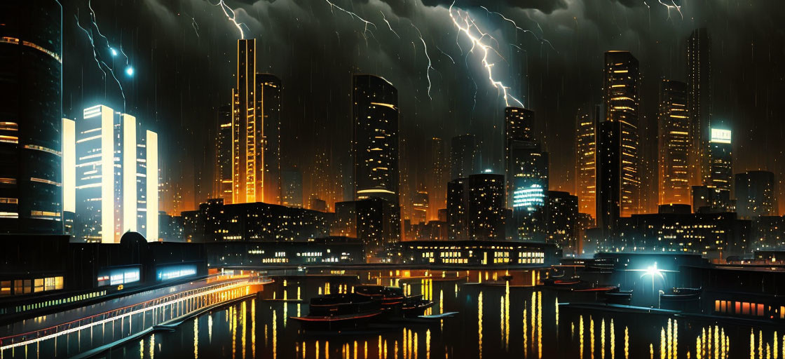 Night cityscape with skyscrapers struck by lightning in stormy sky.