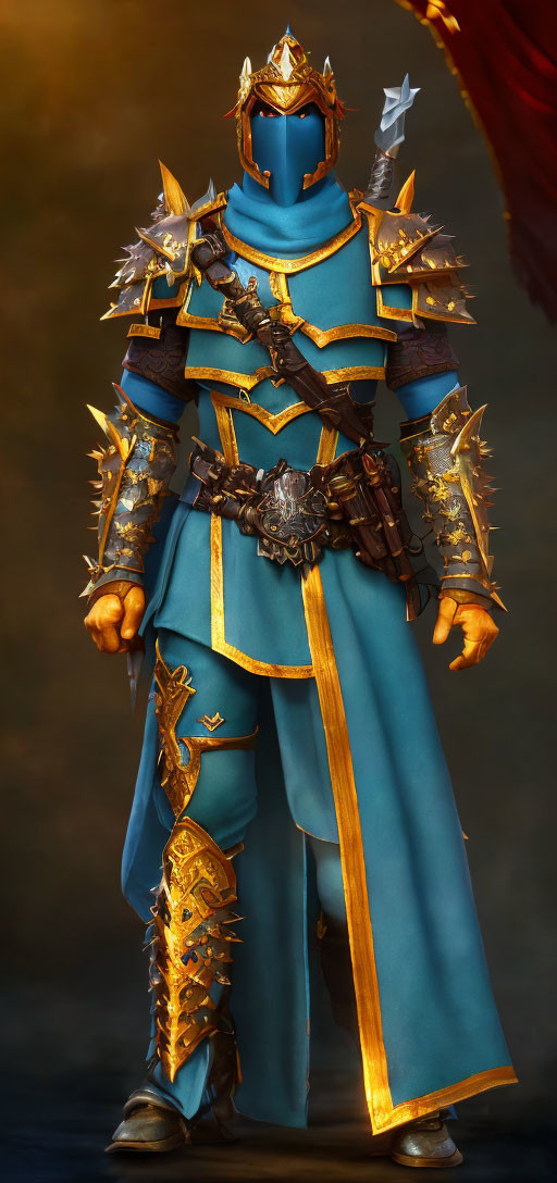 Detailed Medieval Fantasy Armor: Blue & Gold with Spikes & Cape