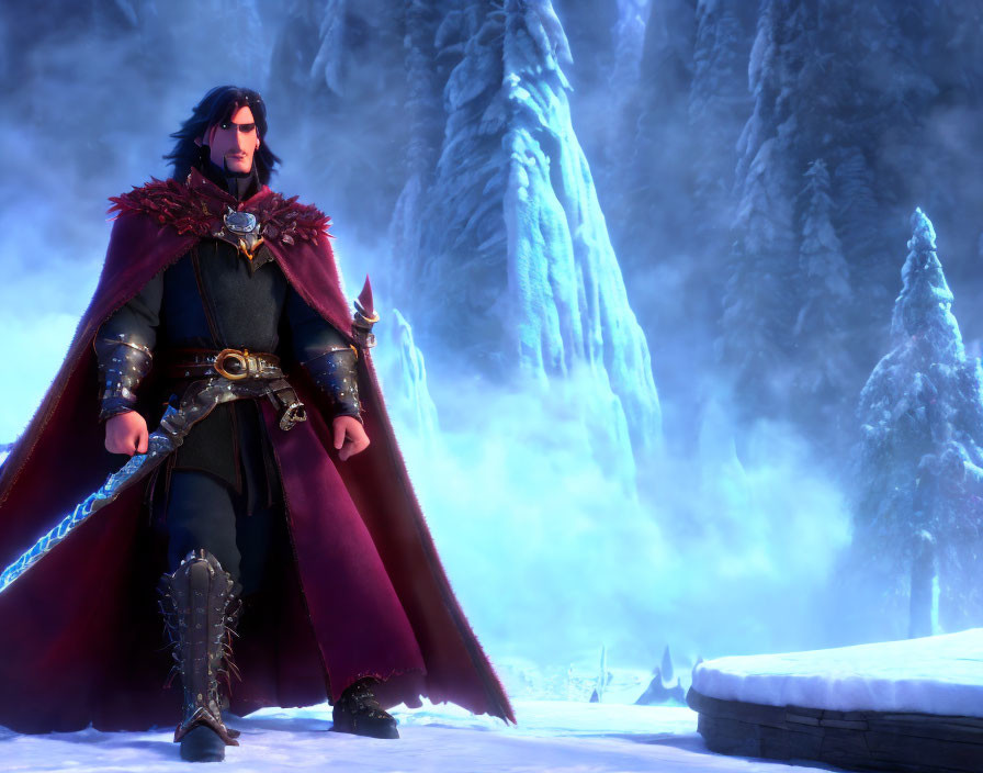 Digital artwork: Stern man in red cloak and armor in snowy forest.