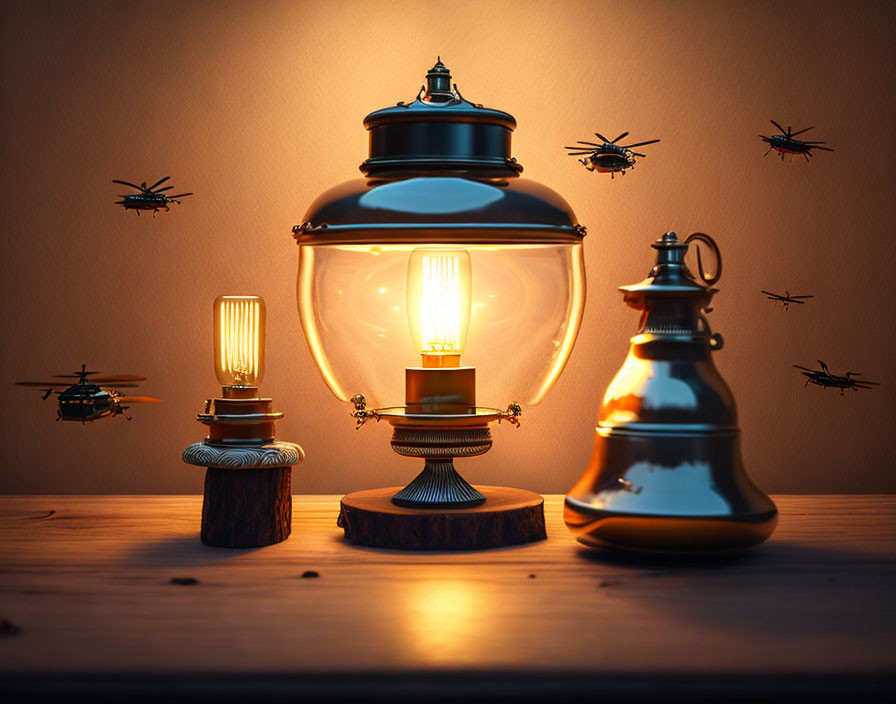 Vintage Bulbs and Kerosene Lamp Designs with Miniature Drones on Wooden Surface